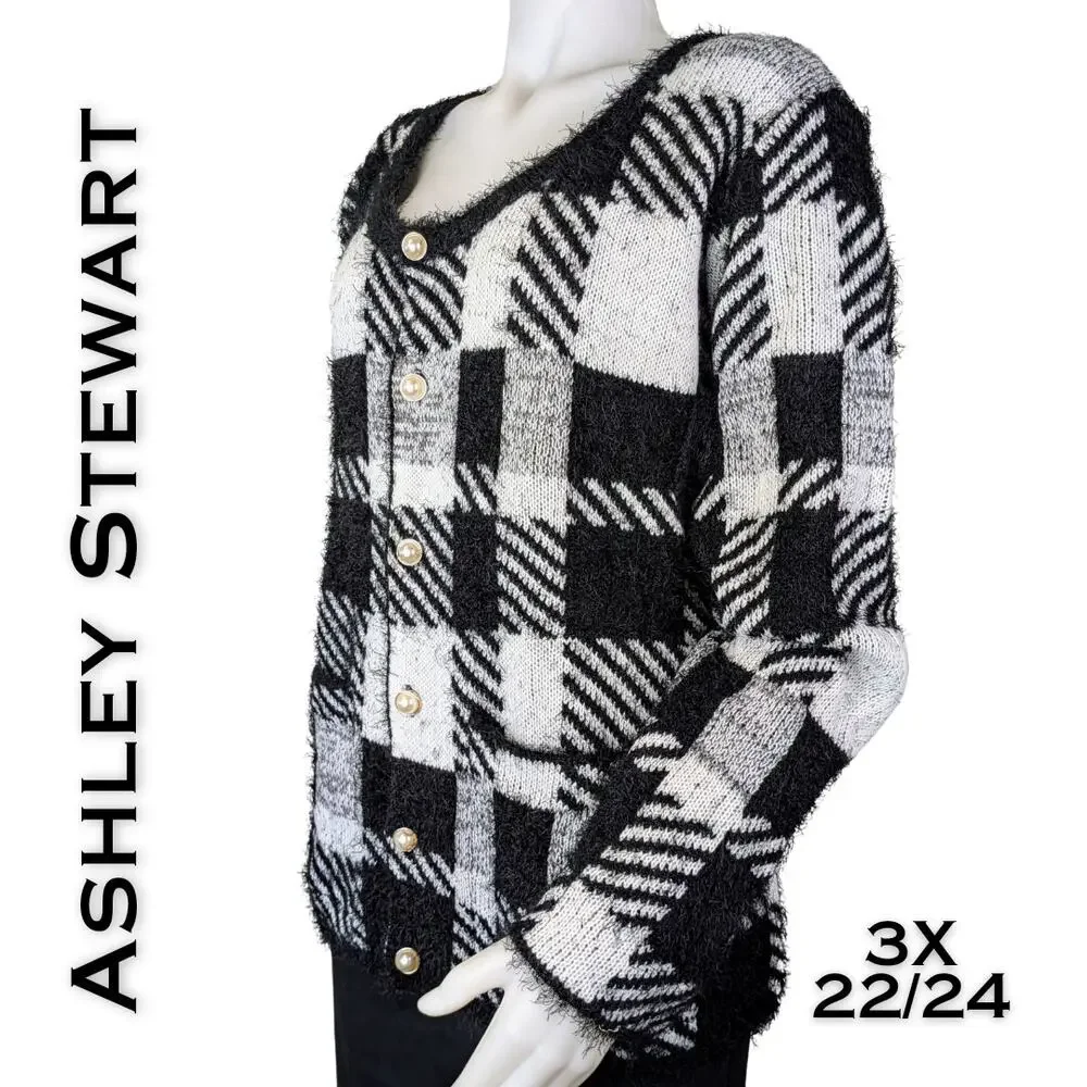 Ashley Stewart Cardigan Sweater 3X Black White Buffalo Check Fuzzy Knit Preppy